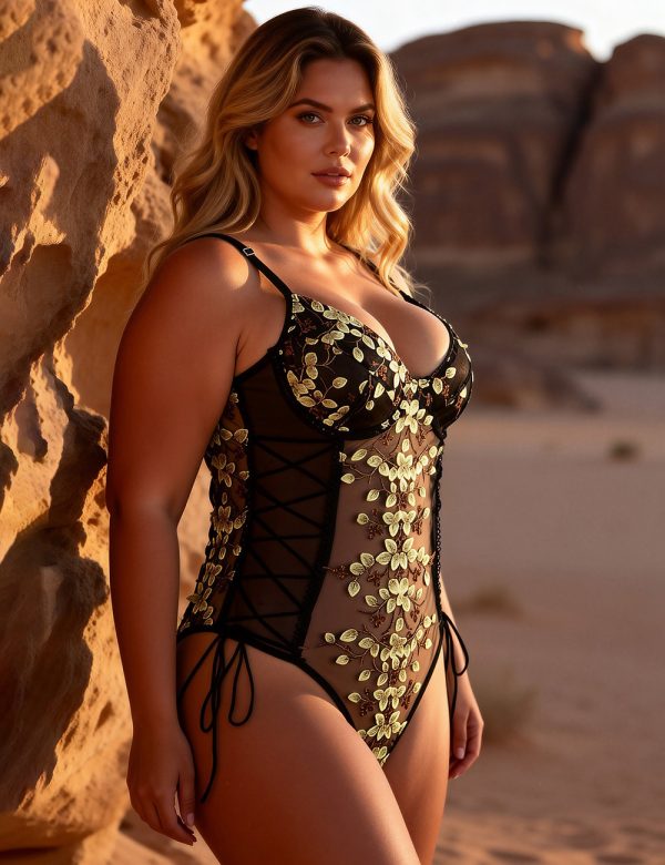 Fashion Embroidery Black Mesh Bodysuit With Underwire Black