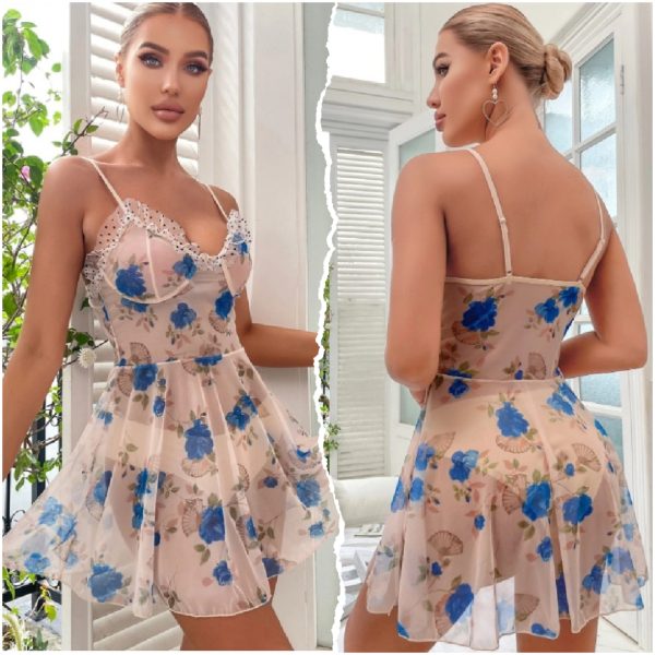 Blue Floral Transparent Sexy Babydoll with G string