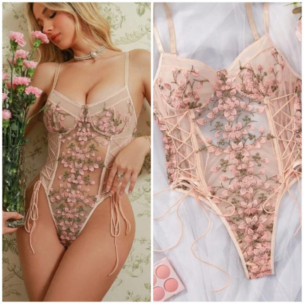 Fashion Embroidery Mesh Bodysuit With Underwire